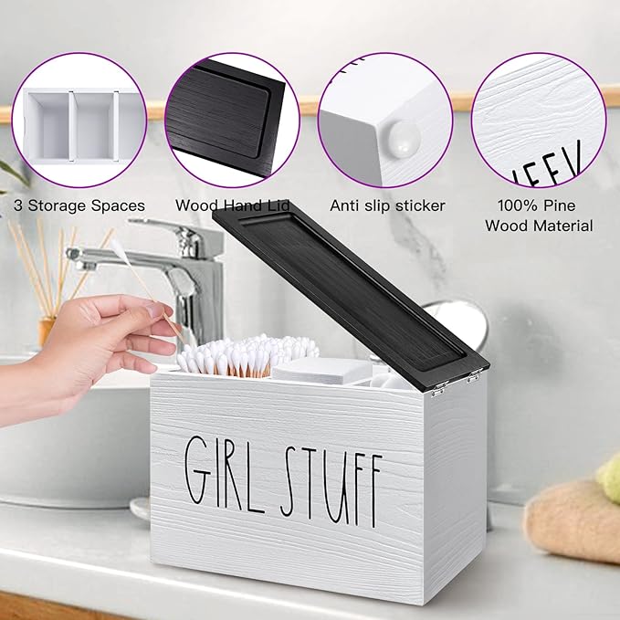 Tampon Holder for Bathroom, Pad And Tampon Organizer with Tray Lid, Wood Feminine Product Organizer Shark Week Tampon Storage, Bathroom Accessories Small Storage Box - White