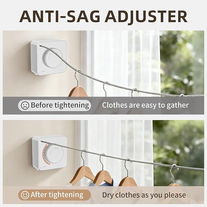 Anti-Sag Retractable Clothesline 40LB Capacity - 201in Stainless Steel Laundry Line for Indoor Outdoor, Wall Mounted Space Saving Easy Install (White)