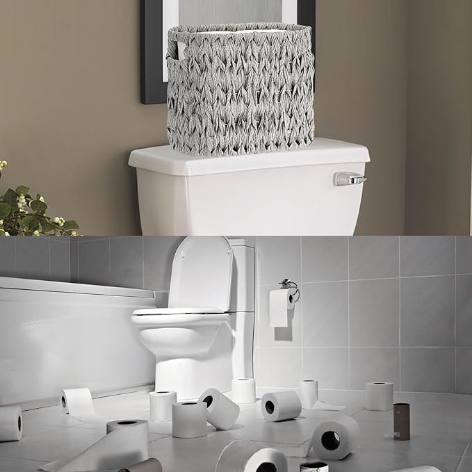 Sumnacon Toilet Paper Storage Basket Freestanding, Wicker Toilet Paper Holder Stand with Handle, Decorative Narrow Bathroom Baskets Sturdy Plastic Organizer Bin for Tissue Rolls, Toiletries, Towels