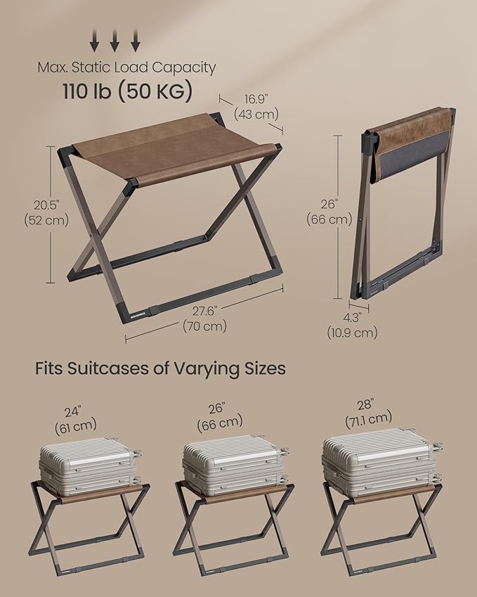 SONGMICS Luggage Rack, Foldable Suitcase Stand, Metal Luggage Holder, Synthetic Leather, Easy to Assemble, for Guest Room, Hotel, Bedroom, Walnut Brown and Ink Black URLR009K01