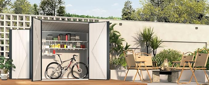 AECOJOY 4'x7' Outdoor Storage Lean to Shed,7x4 Outdoor Horizontal Metal Sheds & Outdoor Storage with Triple Lockable Door, Small Metal Storage Cabinet for Bicycles, Tools Storage for Garden Use