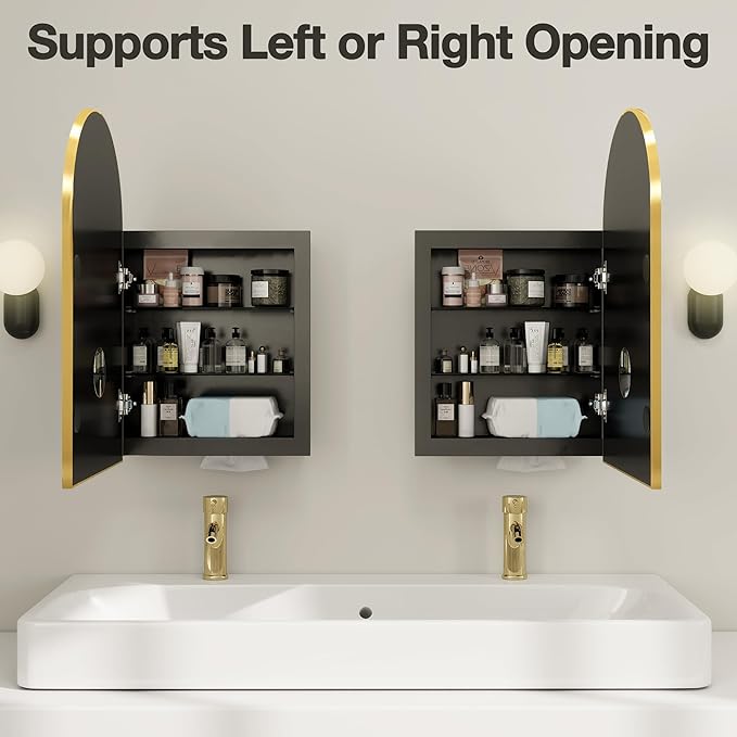 Arched Medicine Cabinet Mirror No Assembly Needed Bathroom Mirror with Storage Recessed or Surface Mount Options (Gold, 25.6" L x 15.8" W)