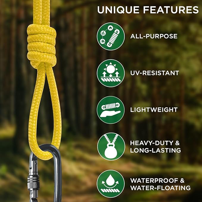 TECEUM Rope – 150 Feet x 1/4 Inch (7mm) – Yellow – Strong All-Purpose Utility Rope – Camping, Crafting, Flag Pole, Indoor & Outdoor – Polypropylene Nylon Poly Lightweight Diamond Braided Cord