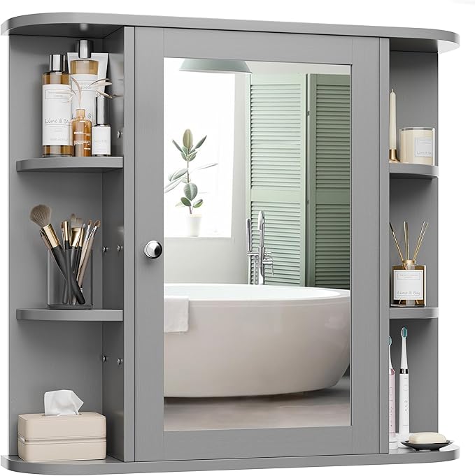 Meilocar Bathroom Mirror Cabinet Wall Mounted, Medicine Cabinet with Mirror and 6 Open Shelves, Modern Bathroom Wall Cabinets Medicine Cabinets, Grey