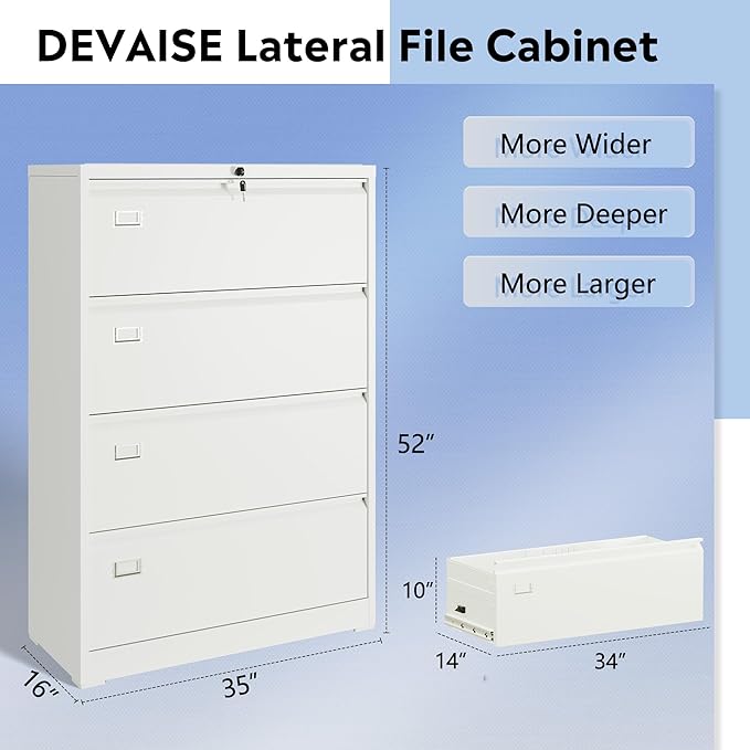 DEVAISE 4 Drawer Lateral File Cabinet with Lock, Metal Filing Cabinets for Home Office, 16" D x 35" W x 52" H Wide Storage Organization for Hanging Files Letter/A4/Legal/F4 Size, White