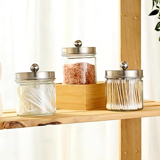 SheeChung Bathroom Organizers and Storage - 3Pack Qtip Holders Bathroom Canister Apothecary Jars for Cotton Swabs, Rounds, Balls, Qtips,Makeup Sponges, Flossers,Bath Salts - Brushed Nickel