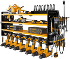 Power Tool Organizer Wall Mount with Charging Station, 8 Drill Holder, 4 Layer Storage Rack for Garage Organization, Tool Holder with 8 Outlet Power Strip (Yellow)