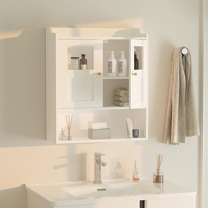 Bathroom Wall Cabinet, Medicine Cabinet with 2 Glass Door and Adjustable Shelves,White Wall Mounted Cabinet Over The Toile,3-Tier Wood Hanging Storage for Bathroom,Kitchen,Living,Laundry Room
