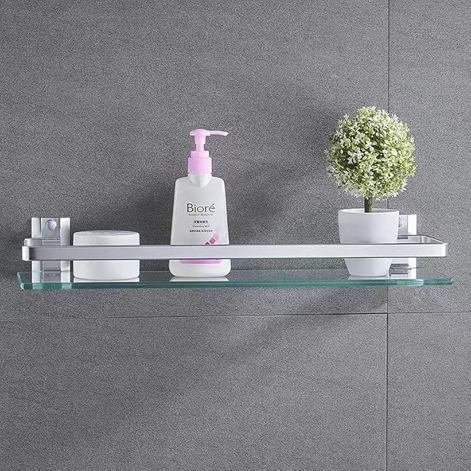 Bathroom Glass Shelf Tempered Glass Rectangular Extra Thick Aluminum Silver Sand Sprayed Wall Mounted 9.84 inches