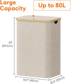 Lifewit 80L Laundry Basket with Lid, Clothes Hampers for Laundry with Bamboo Handles and 1 Removable Bag, Large Foldable Laundry Hamper for Bedroom, Bathroom, Dorm, Laundry Room, Beige