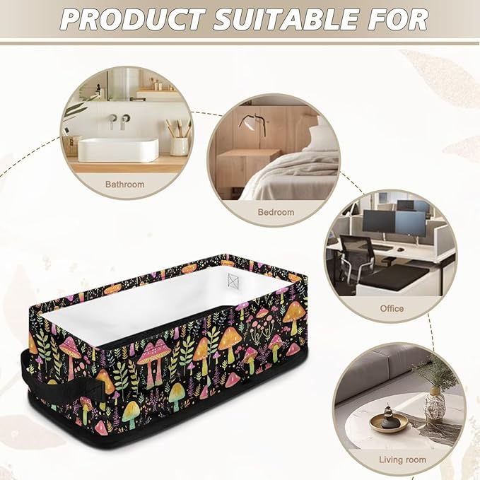 Storage Bins Fabric Storage Baskets Shelves Closet Organization Decorative Versatile Household Organizer Bins for Toilet Paper Rolls Cosmetics, Mushroom Leaves Black