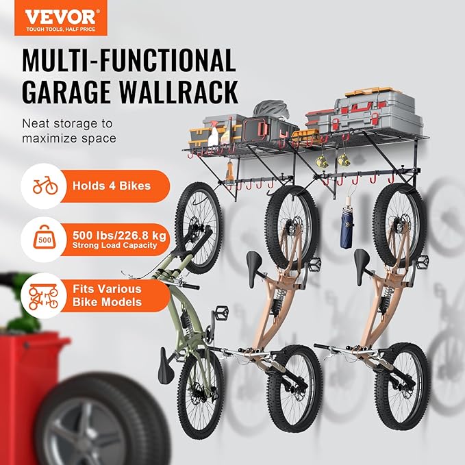 VEVOR Bike Storage Rack, 4 Bike Racks, Wall Mount Bike Storage Hanger with 2 Shelves, Home and Garage Organizer, Customizable for Various Bike Sizes, Adjustable Holder, Holds Up to 500 lbs, 63-inch