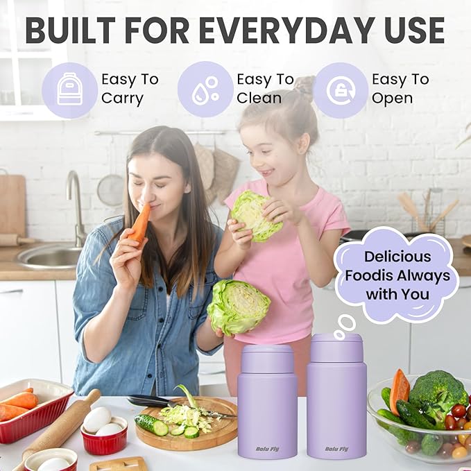 2 Pack Soup Thermo for Hot Food for Adults, Insulated Food Jar, Stainless Steel Vacuum Thermal Lunch Box Containers with Carry Bag and Spoon (18.5oz, 27oz) (Purple)