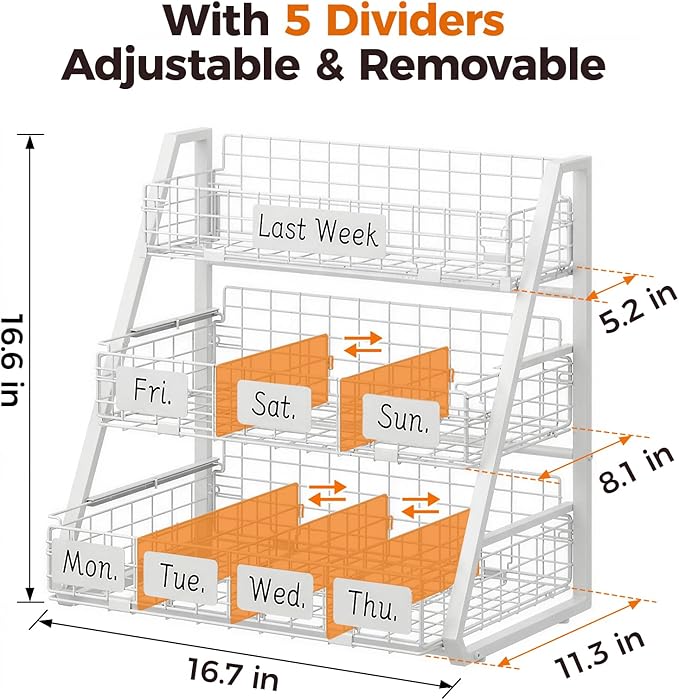 Upgraded Egg Holder Countertop with Removable 5 Dividers & Date Plate, 3 Tier Pull Out Large Egg Basket for Gathering Fresh Eggs, Kitchen Organizer, The Size - 6.7“x16.6”x11.3
