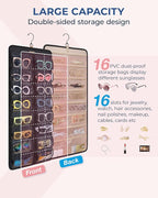 BAGSMART Hanging Jewelry Organizer, Dust Proof Sunglasses Storage Case Wall Mounted, Travel Dual Sided Glasses Case Multiple Pairs, Eyeglasses Holder with 32 Clear Slots & Metal Hook, Black