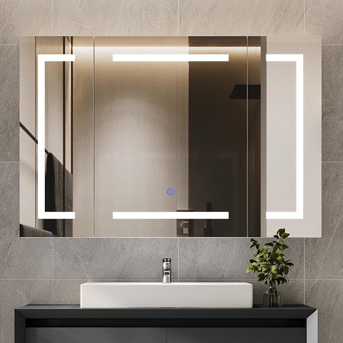 Hasuit Lighted Medicine Cabinet with Mirror, Wall Mounted Bathroom Mirror with Storage, 3 Doors Bathroom Wall Cabinet with LED Lights, 39.4'' x 23.6''