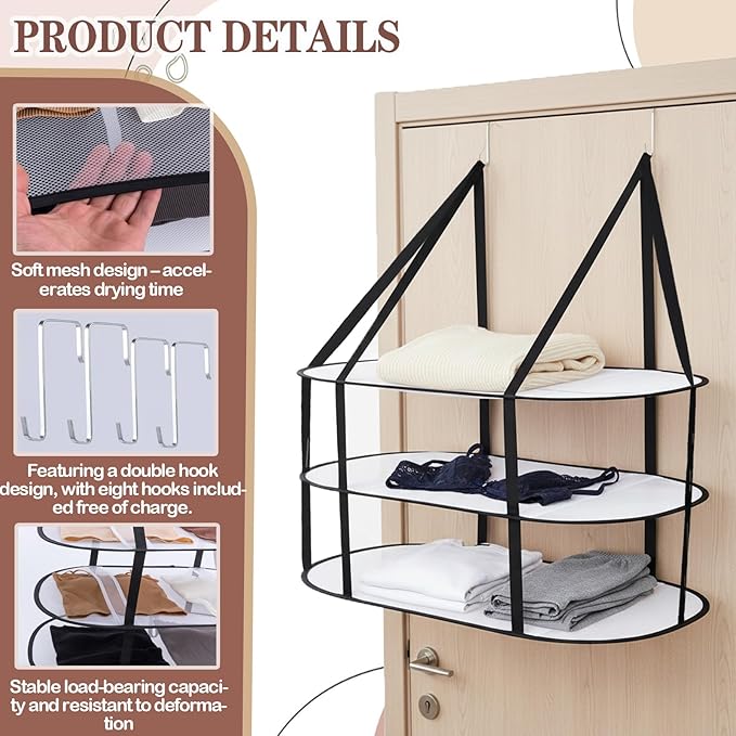 CINPIUK 2 Pcs 3-Tier Sweater Drying Rack Over The Door, Foldable Mesh Hanging Dryer Flat with Hooks, Large Breathable Laundry Drying Hanger, Clothes Lay Flat Dryer for Apartments Dorms Bathrooms