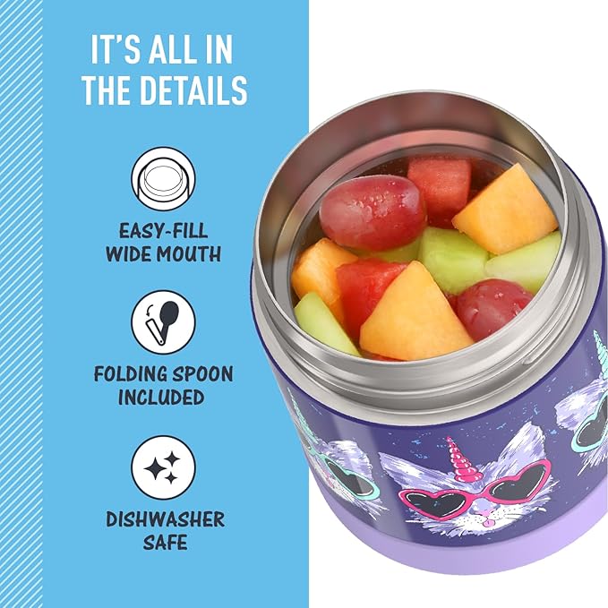 THERMOS FUNTAINER Insulated Food Jar, 10 Ounce, Kid Friendly Food Jar with Foldable Spoon, Cool Caticorns