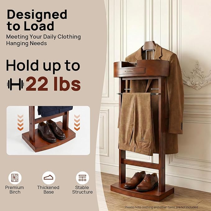 Gdrasuya10 Suit Valet Stands for Men and Women, Wood Clothes Rack with Drawer & Trouser Holder, Freestanding Coat Organizer Stand for Entryway, Living Room, 22lbs Capacity (Brown)