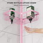 Corner Shower Caddy Tension Pole - Pink - Rustproof Adjustable Bathroom Organizer Shelf for Shampoo, 25–114.2 Inch Shower Rack for Renters, Apartments