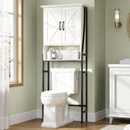 Over The Toilet Storage Cabinet, Over Toilet Bathroom Organizer, Above Toilet Storage Cabinet with Barn Doors Behind Toilet Bathroom Organizer (Cream White)