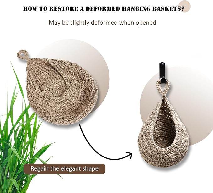 Hanging Fruit Basket Set of 3, Boho Wall Hanging Storage Basket for Organizing, Handmade Teardrop Hammock Holder for Fruit Vegetable in Home & Restaurant Kitchen with Hooks, Light Flaxen