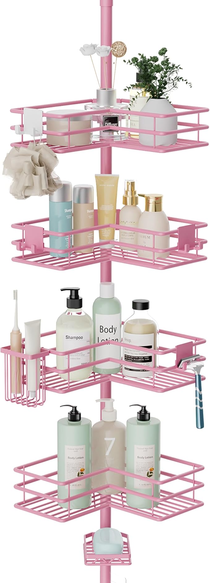 HapiRm Corner Shower Caddy Organizer - Shower Organizer Corner with Soap Holder, Toothbrush Holder and 4 Hooks, Rustproof Bathroom Shelf Tension Pole Available for 27.6 to 108.3 Inch - Pink
