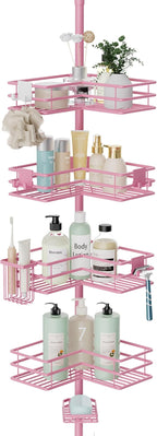 HapiRm Corner Shower Caddy Organizer - Shower Organizer Corner with Soap Holder, Toothbrush Holder and 4 Hooks, Rustproof Bathroom Shelf Tension Pole Available for 27.6 to 108.3 Inch - Pink