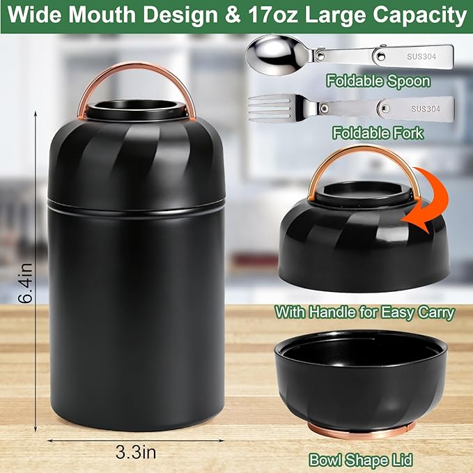 Juome Thermo for Hot Food, 17oz Soup Thermo Lunch Box for Adults, Insulated Vacuum Food Jar Container with Spoon&Fork, Leak Proof Stainless Steel Wide Mouth Thermo for Hot & Cold Foods, Drinks (Black)