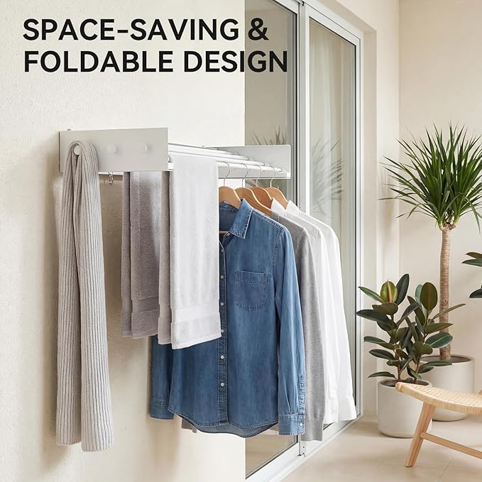 Collapsible Laundry Drying Rack Wall Mounted - 34.65 Inch Metal Clothing Drying Rack with 6+6 Hooks, Retractable Foldable Dryer Racks for Laundry Drying Indoor, Heavy Duty Towel & Coat Hanger