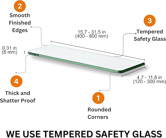 Glass Shelves - Tempered Safety Glass Shelves for Bathroom, Choose Over 20 Shelf Brackets and Multiple Shelf Sizes - Jam Style - 23.6 x 4.7 in - White Clip