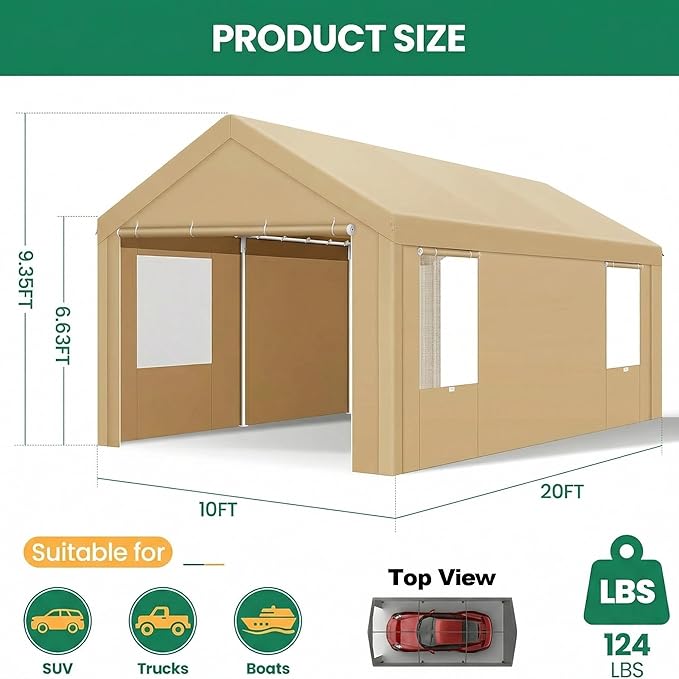 COBIZI 10x20 FT Heavy Duty Carport with Galvanized Frame, Carport Canopy with Roll-up Windows, Storage Tent with Removable Sidewalls & Doors, Built-in Sandbags for Car Boat Truck, Khaki