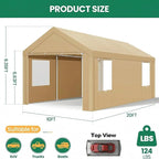 COBIZI 10x20 FT Heavy Duty Carport with Galvanized Frame, Carport Canopy with Roll-up Windows, Storage Tent with Removable Sidewalls & Doors, Built-in Sandbags for Car Boat Truck, Khaki