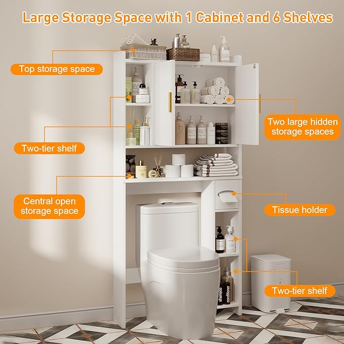 Fluted Over The Toilet Storage Cabinet, Above Toilet Bathroom Organizer with Toilet Paper Holder, Modern Behind Toilet Cabinet, Space Saver for Restroom, Bathroom, Laundry, White