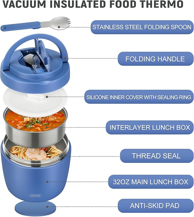 Soup Thermo for Hot Food Adults 32OZ Lunch Containers Wide Mouth Hot Food Jar Vacuum Insulated Stainless Steel Bento Box Leakproof with Spoon (Blue)