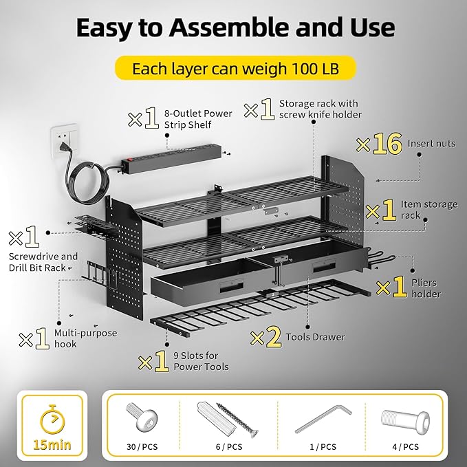 Power Tool Organizer Wall Mount with Charging Station, 4 Layers Storage Rack with 9 Drill Holders & Battery Storage, Cordless Tool Organizer with 2 Drawers for Garage, Workshop & Tool Room
