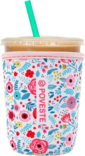 Reusable Neoprene Insulator Sleeve for Iced Coffee & Cold Soda, Coffee Sleeves for Iced & Hot Drinks, Cold Beverage Cooler Compatible with Starbucks, Dunkin (White Flower Garden, Small: 16-18oz)