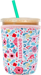 Reusable Neoprene Insulator Sleeve for Iced Coffee & Cold Soda, Coffee Sleeves for Iced & Hot Drinks, Cold Beverage Cooler Compatible with Starbucks, Dunkin (White Flower Garden, Small: 16-18oz)