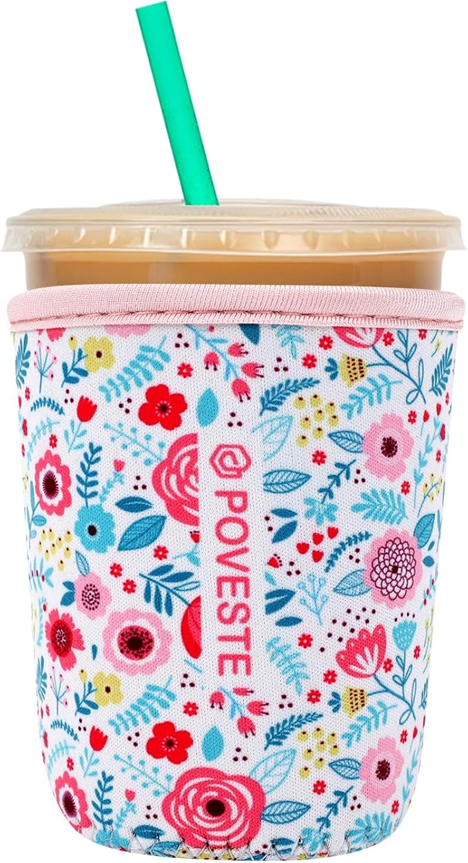 Reusable Neoprene Insulator Sleeve for Iced Coffee & Cold Soda, Coffee Sleeves for Iced & Hot Drinks, Cold Beverage Cooler Compatible with Starbucks, Dunkin (White Flower Garden, Small: 16-18oz)