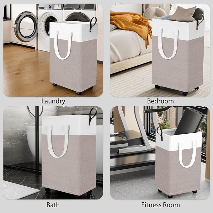 HomeHacks 75L Rolling Laundry Basket with Wheels, Collapsible & Waterproof Laundry Hamper, Mobile Clothes Hamper, Storage Laundry Bins with Handles for Laundry Room, Bedroom, Bathroom & Dor, Khaki