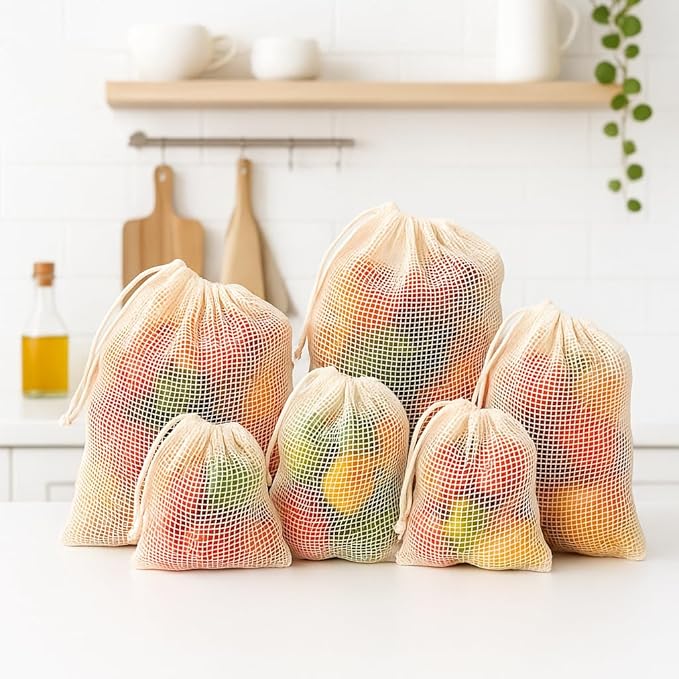 Premium Organic Reusable Mesh Produce Bags, Pack of 6(2L+2M+2S) Washable, Durable, Double Stitched Produce Bags for Vegetables storage, Machine Washable - Beige