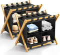 Folding Luggage Rack, 2-Pack Natural Bamboo Suitcase Stands with 4 Storage Compartments , Sturdy Luggage Holders for Guest Room, Bedroom, Hotel
