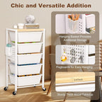 Rolling Cart with Drawers, Rolling Storage Cart with 5 Large Plastic Drawers & Wooden Tabletop, Utility Cart with Pegboards & Basket, Storage Drawers Cart for Living Room, Classroom, Bedroom, Office