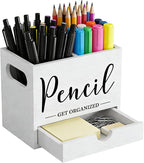 Pencil Holder with 1 Drawer, Multi-Functional Pen Holder for Desk, Desk Organizers and Accessories with 2 Compartments, Desktop Organizer for Office Home Art Supplies(White)