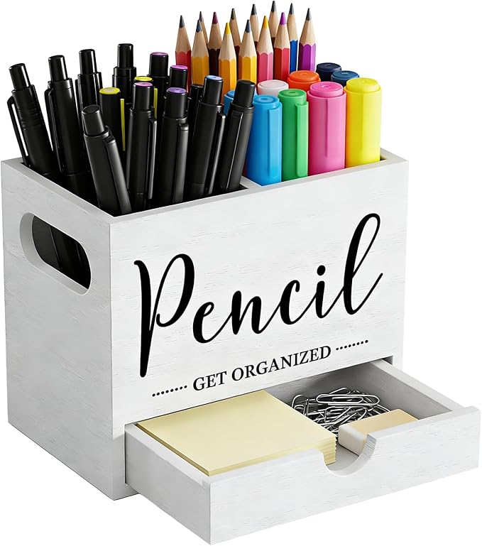 Pencil Holder with 1 Drawer, Multi-Functional Pen Holder for Desk, Desk Organizers and Accessories with 2 Compartments, Desktop Organizer for Office Home Art Supplies(White)