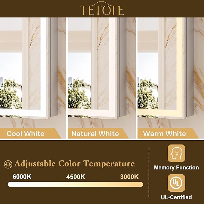 TETOTE 48 x 32 Lighted Bathroom Medicine Cabinet with Adjustable Shelves, Silver Aluminum Cabinet, Anti-Fog Stepless Dimmable 3 Colors White/Warm/Natural, Easy to Install(Wall Mount/Recessed)
