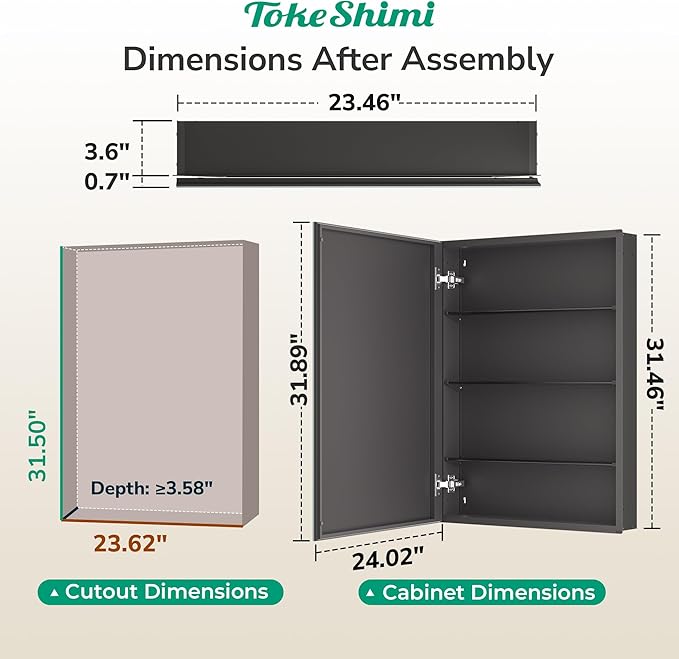TokeShimi 24 x 32 Mirrored Medicine Cabinet, Assembly Required, Black Medicine Cabinet for Bathroom, Tempered Beveled Mirror, Stepless Adjustable Shelves, Recessed/Wall Mounted