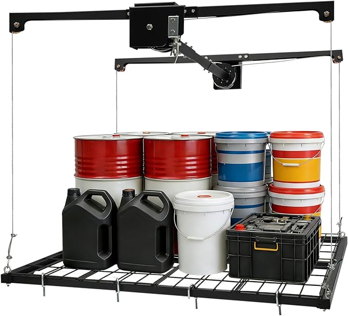 Overhead Garage Storage Rack Lift, 4x4FT Heavy Duty Ceiling Mounted Lift System and Storage Organizer, 300Lbs Garage Lifting Metal Rack with Safety Lock (300Lbs)