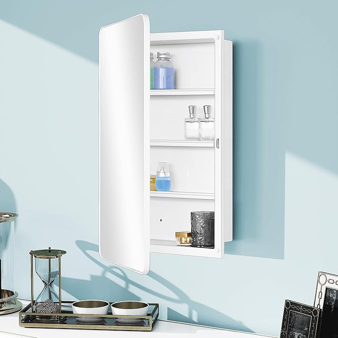 Fundin White Plastic Medicine Cabinet, Mirror Door with Round Corner Metal Frame, Recessed and Surface Mount Bathroom Wall Medicine Cabinet, 16 x 28 inch Mirror Size