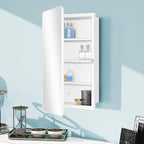 Fundin White Plastic Medicine Cabinet, Mirror Door with Round Corner Metal Frame, Recessed and Surface Mount Bathroom Wall Medicine Cabinet, 16 x 28 inch Mirror Size